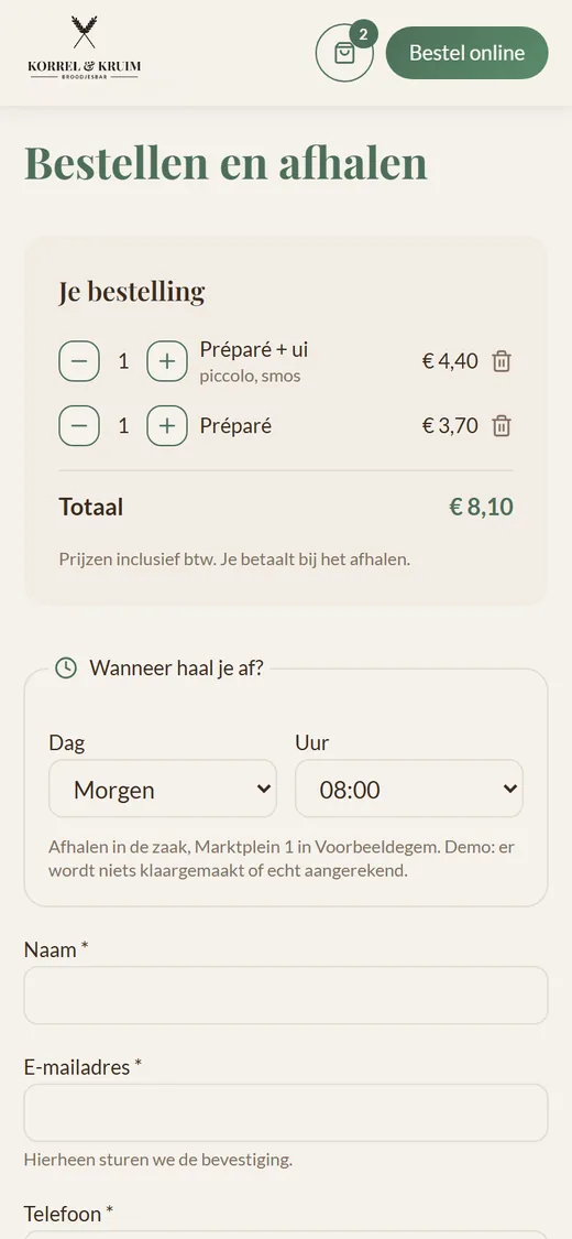 Afrekenen in de demowebshop: de bestelling met supplementen en het afhaalmoment, morgen om 08:00