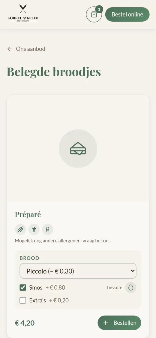 Demowebshop van broodjeszaak Korrel & Kruim op een gsm: een préparé met piccolo en smos als supplement, met allergenen en prijs
