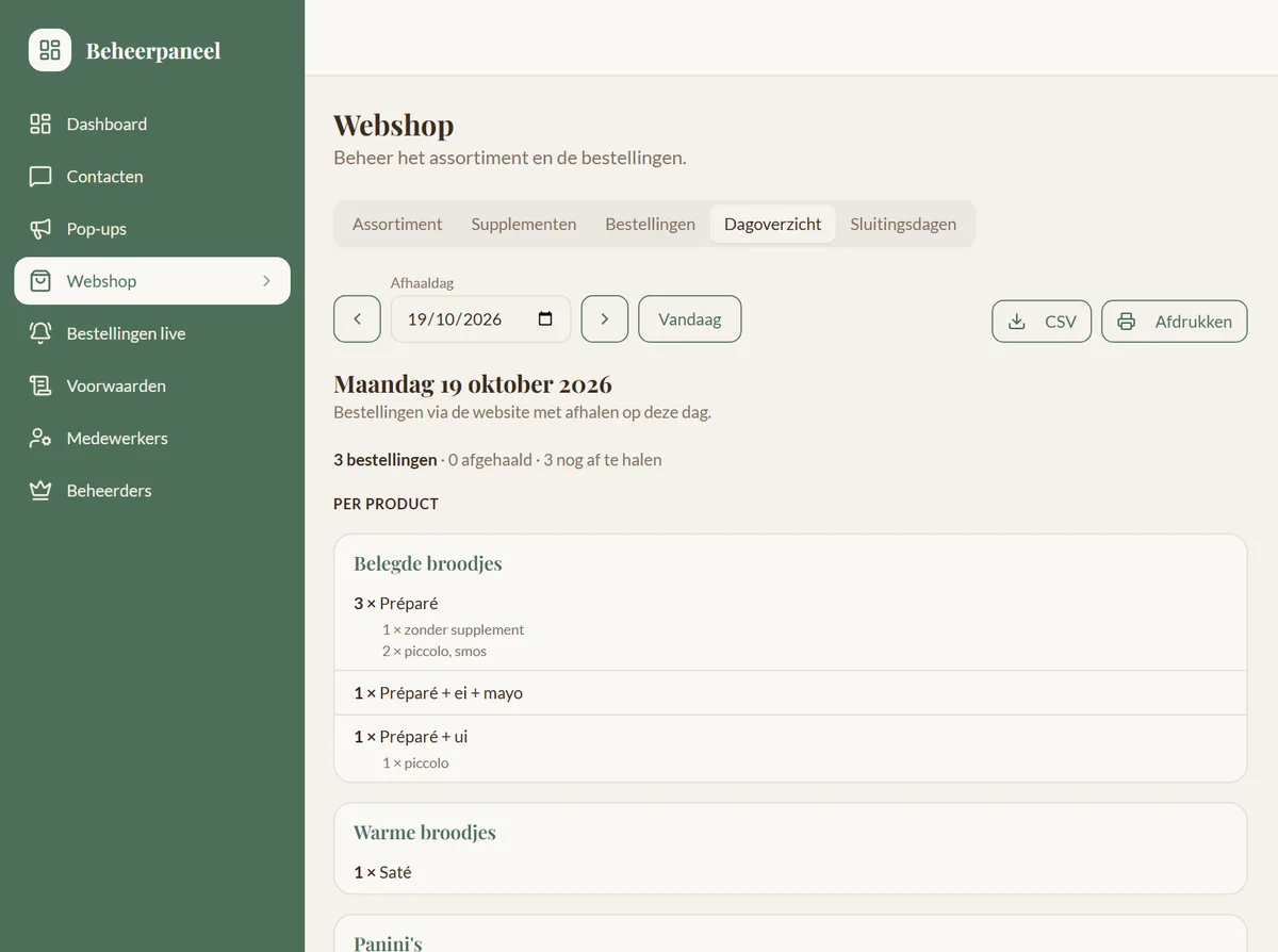 Dagoverzicht in het beheer van de demowebshop: per product hoeveel er maandag afgehaald wordt